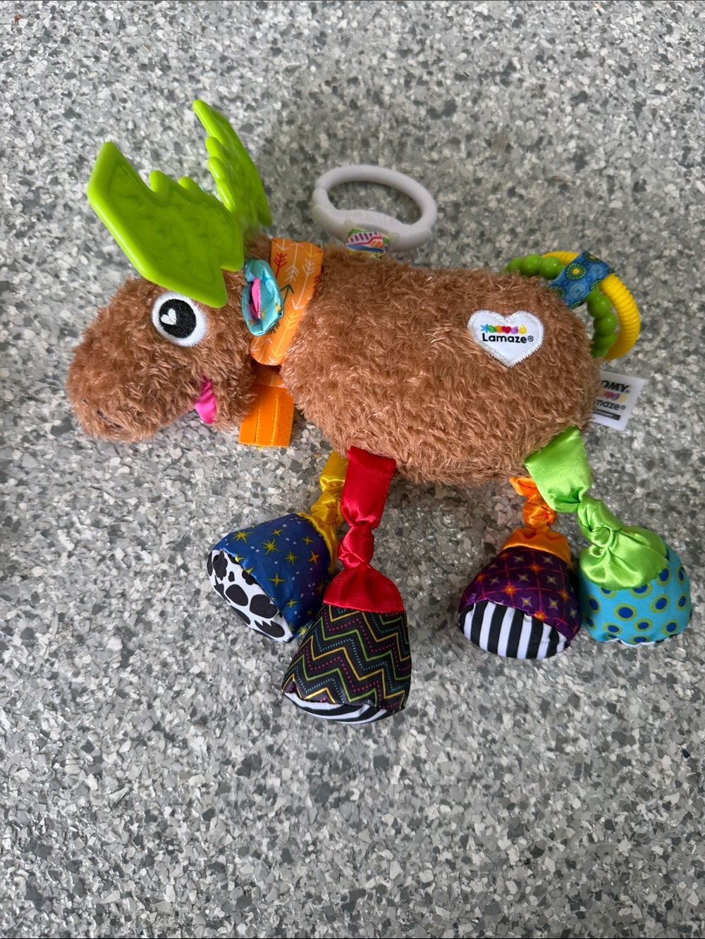 Lamaze Brown Moose Plush Sensory Toy with Green Teether and Multicolor Feet